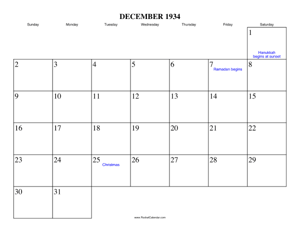 December 1934 Calendar