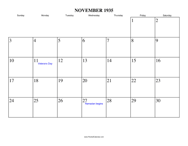 November 1935 Calendar