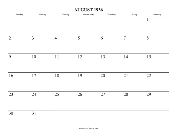 August 1936 Calendar