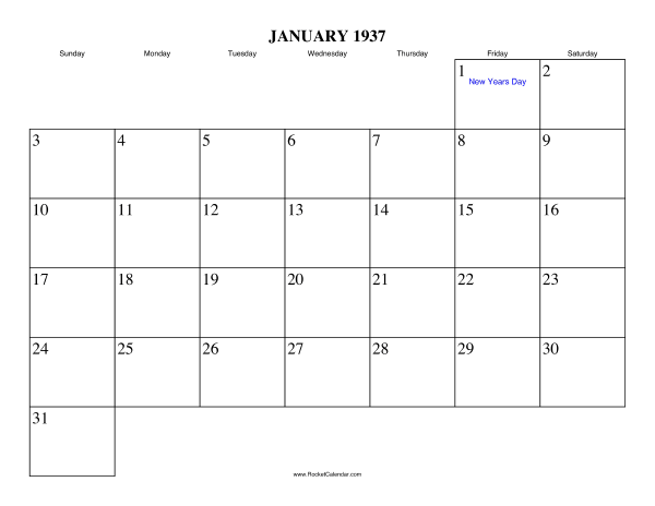 January 1937 Calendar