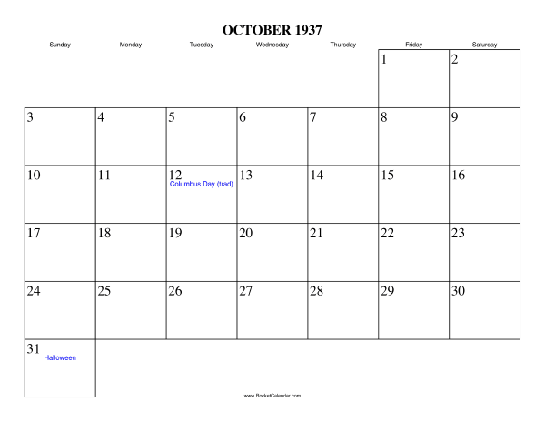 October 1937 Calendar