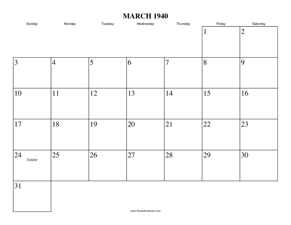 March 1940 Calendar
