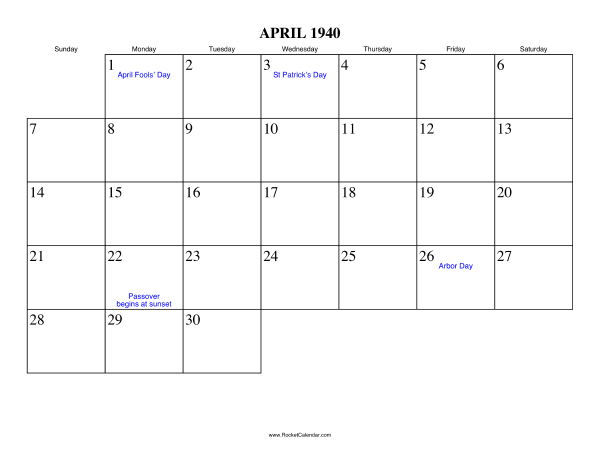April 1940 Calendar