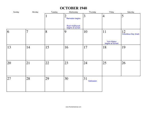 October 1940 Calendar