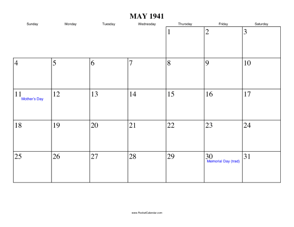 May 1941 Calendar