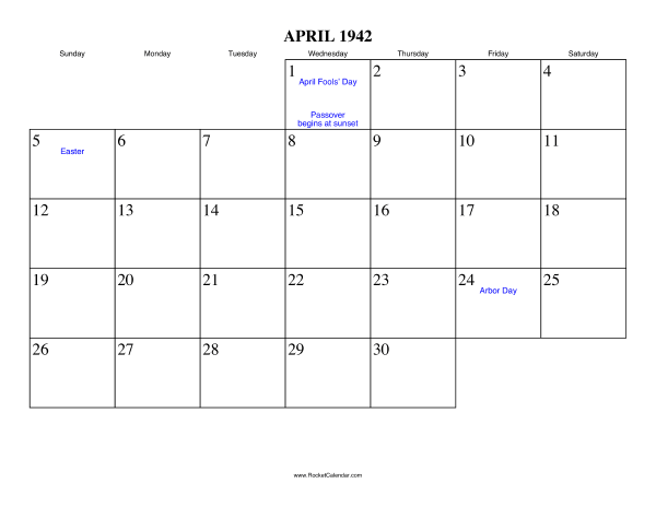 April 1942 Calendar