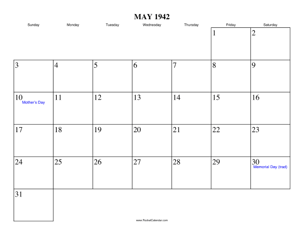 May 1942 Calendar
