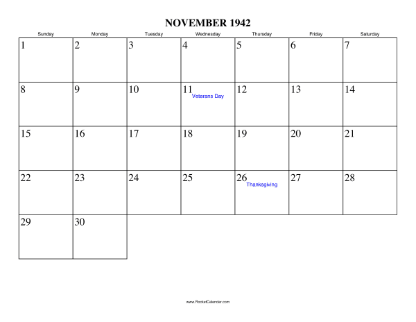 November 1942 Calendar