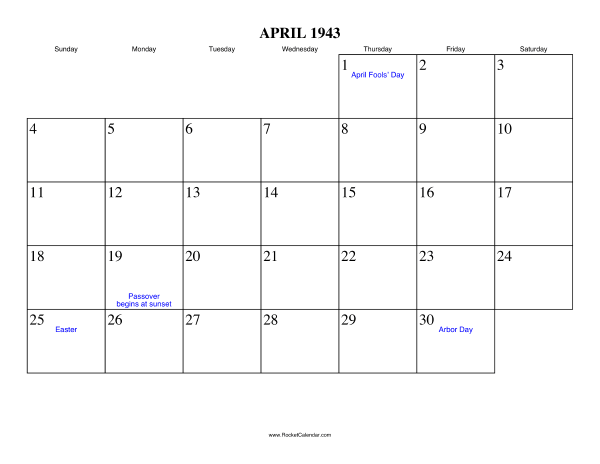 April 1943 Calendar
