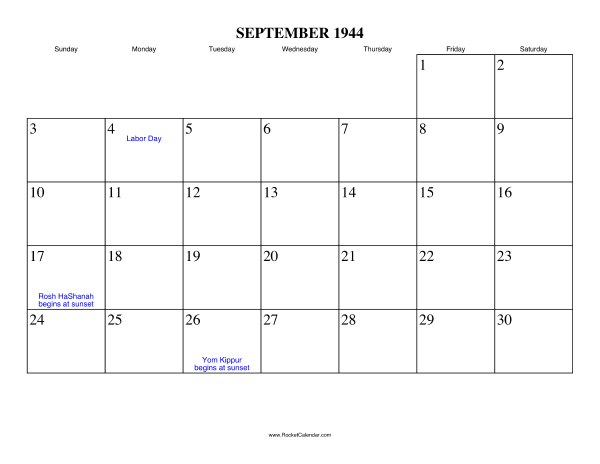 September 1944 Calendar