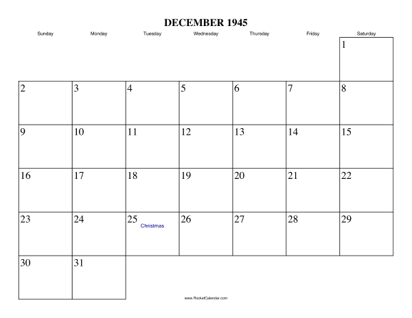 December 1945 Calendar