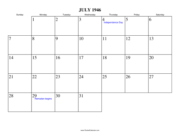 July 1946 Calendar