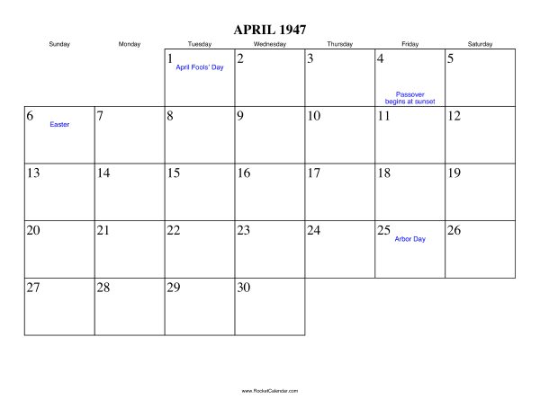 April 1947 Calendar