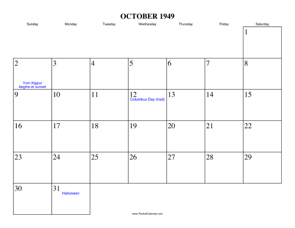 October 1949 Calendar