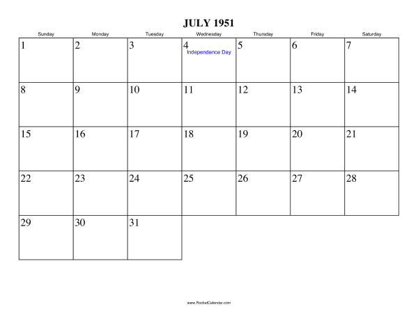 July 1951 Calendar
