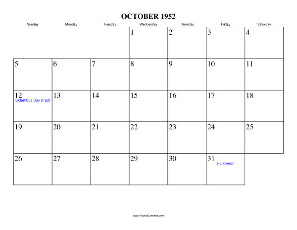 October 1952 Calendar