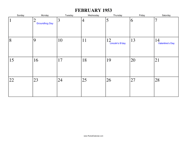 February 1953 Calendar