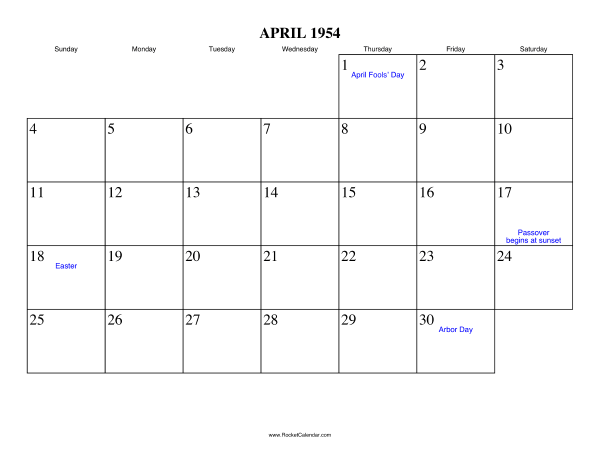 April 1954 Calendar