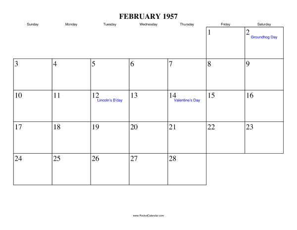 February 1957 Calendar