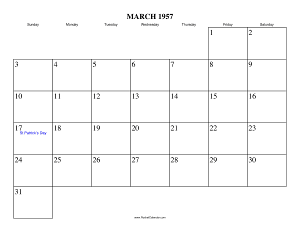 March 1957 Calendar