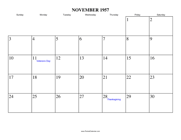 November 1957 Calendar