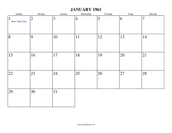 January 1961 Calendar