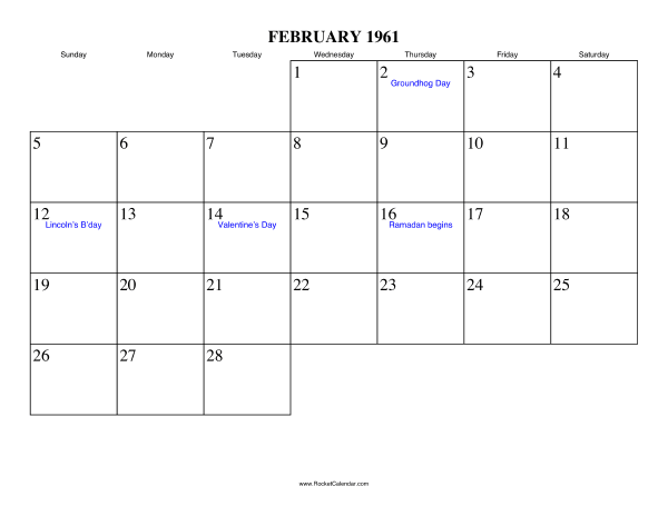 February 1961 Calendar
