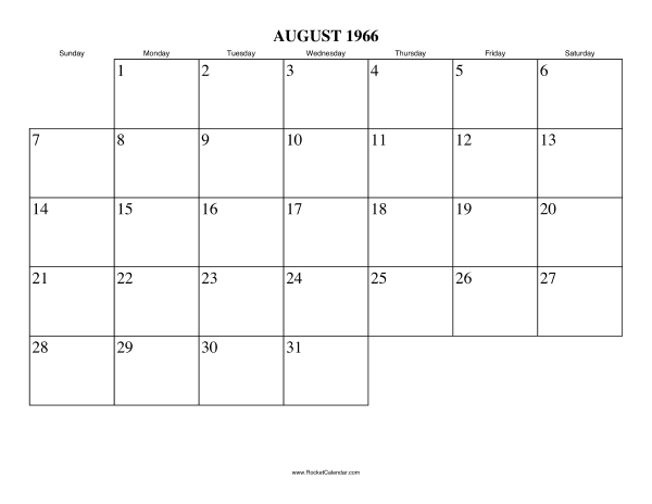 August 1966 Calendar