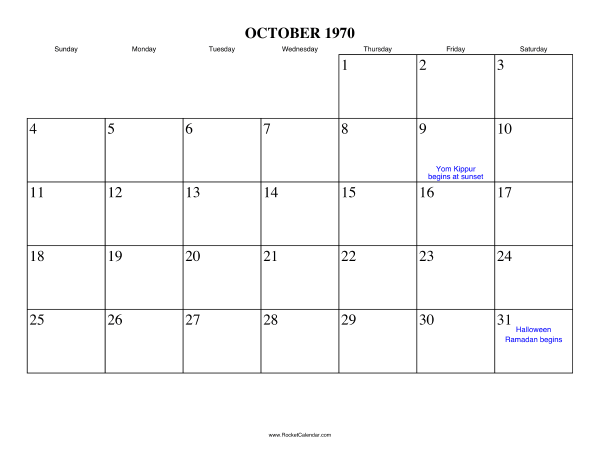 October 1970 Calendar