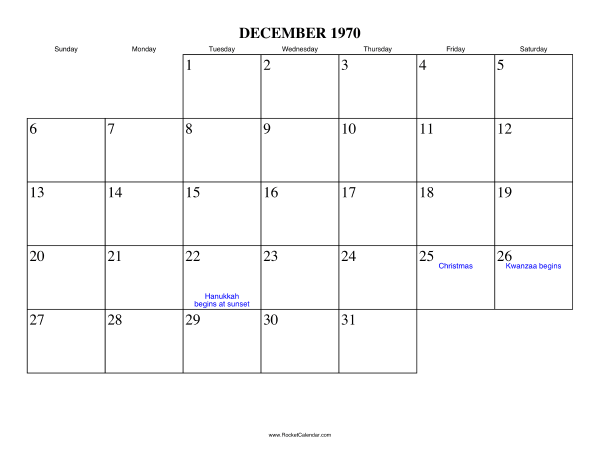 December 1970 Calendar