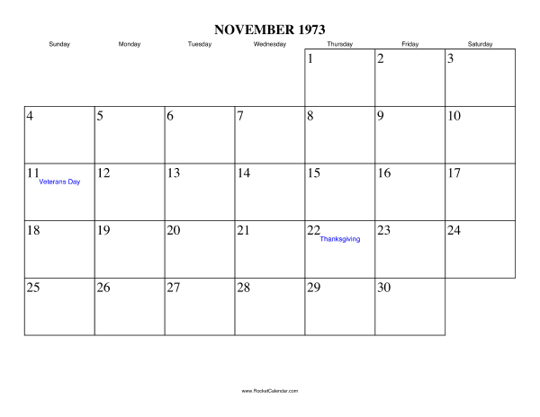 November 1973 Calendar