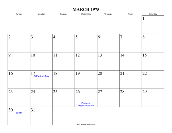 March 1975 Calendar