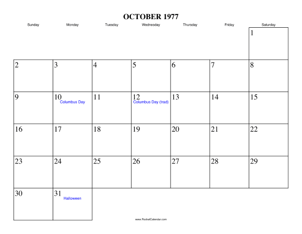October 1977 Calendar