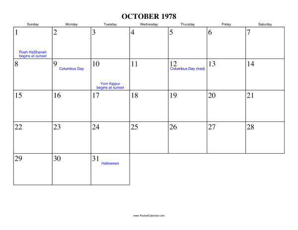 October 1978 Calendar