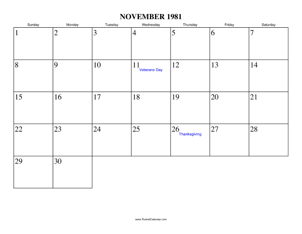 November 1981 Calendar
