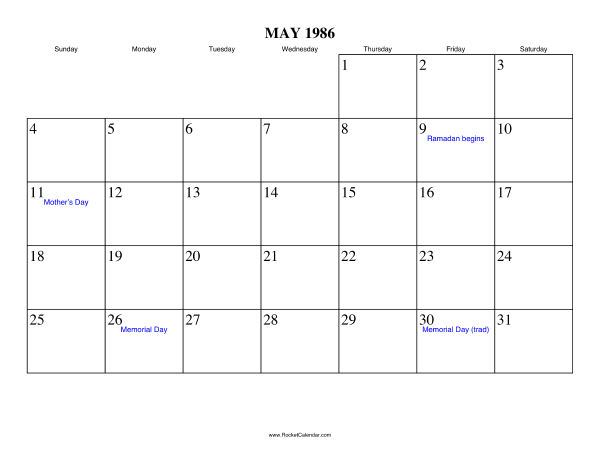 May 1986 Calendar