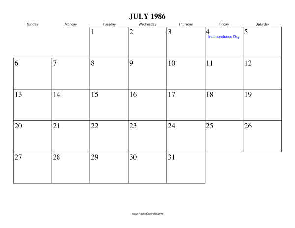 July 1986 Calendar