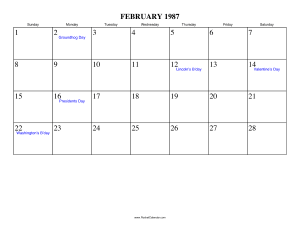 February 1987 Calendar