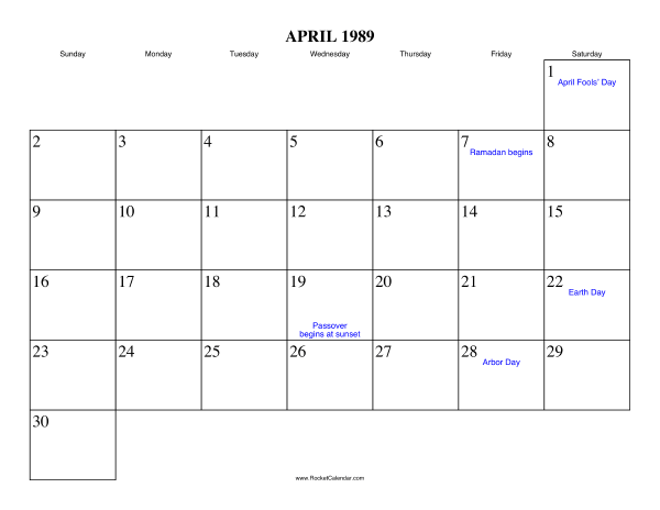 April 1989 Calendar