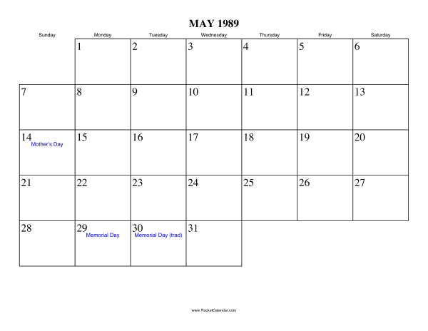 May 1989 Calendar
