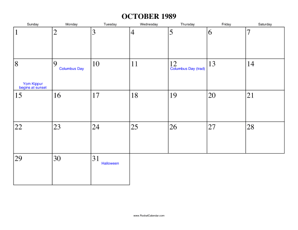 October 1989 Calendar