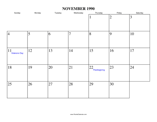 November 1990 Calendar