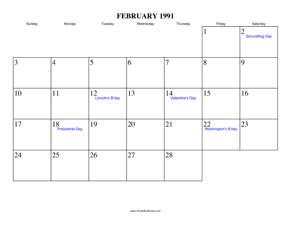 February 1991 Calendar