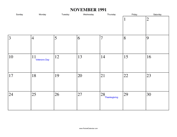 November 1991 Calendar