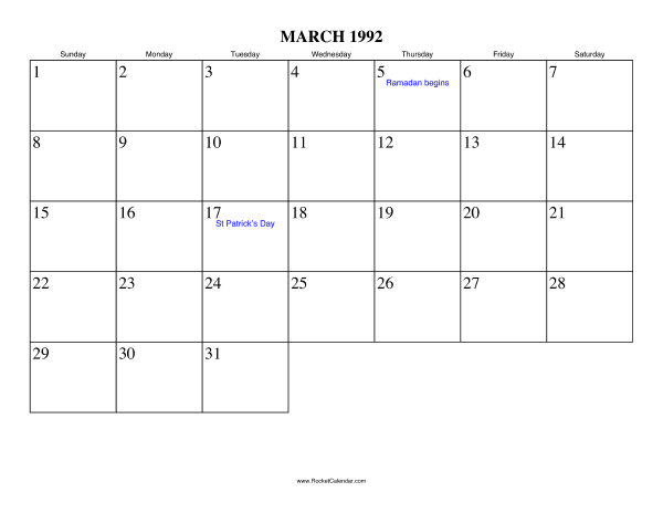 March 1992 Calendar