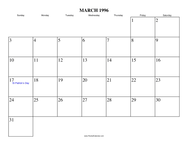 March 1996 Calendar