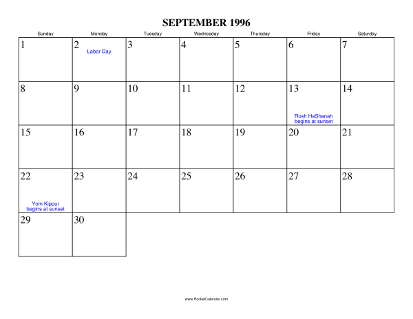 September 1996 Calendar