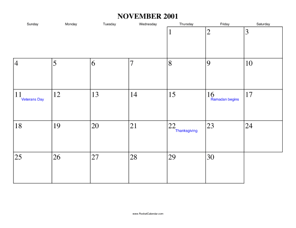 November 2001 Calendar