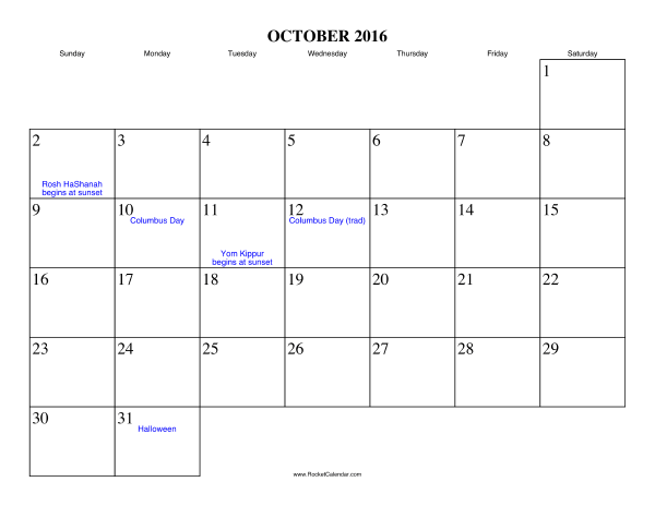 October 2016 Calendar