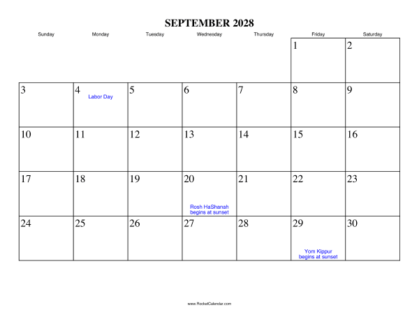 September 2028 Calendar